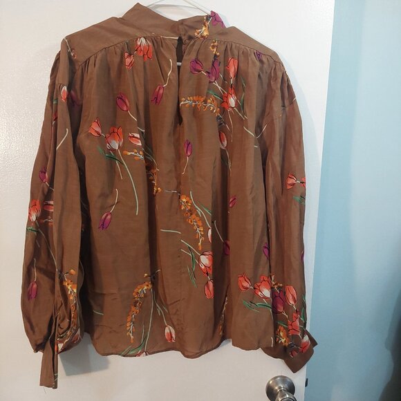 H&M HM Brown Floral Balloon Sleeve Blouse NWOT 14 - Picture 1 of 3